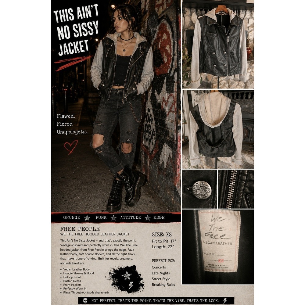 Free People We The Free Vegan Leather Moto Hoodie Jacket XS Black Grunge Punk